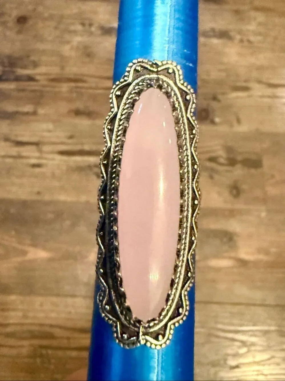 ⁠Vintage Artisan Sterling Silver Pink Chalcedony Ring Filigree Statement Sz 9⁠